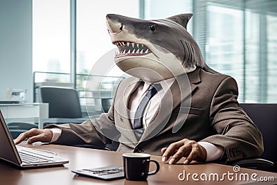 Shark businessman wearing suit sits at its desk in modern office. Generative AI Stock Photo