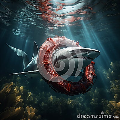 Shark in the center of a red lifebuoy underwater, shark is a dangerous predator Stock Photo