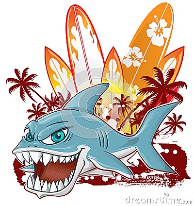 Shark character cartoon over surfboard Vector Illustration