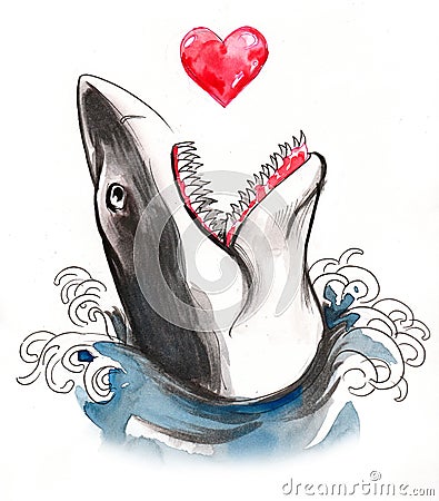 Shark eating a heart Cartoon Illustration