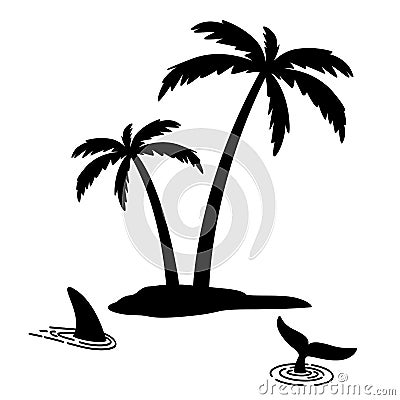 Shark fin vector icon island palm tree coconut logo dolphin character illustration symbol graphic Cartoon Illustration