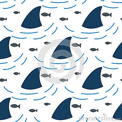 Shark fin in water waves seamless pattern. Vector Illustration