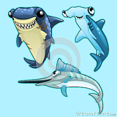 Shark, hammerhead and swordfish on blue background Vector Illustration