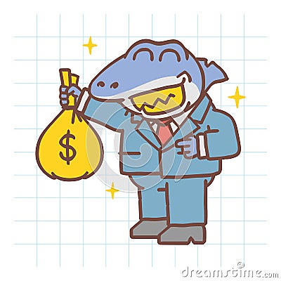 Shark holding bag of money and smiling. Hand drawn character Vector Illustration