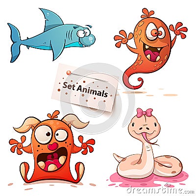 Shark, monster, snake -set animals. Vector Illustration