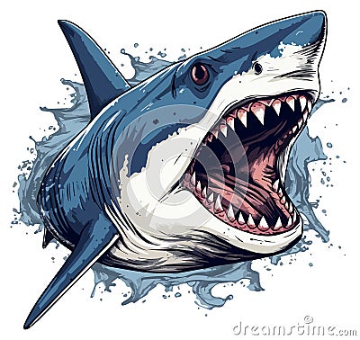 Shark with open mouth full of sharp teeth and water around it Vector Illustration