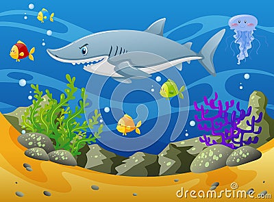 Shark and other sea animals underwater Vector Illustration