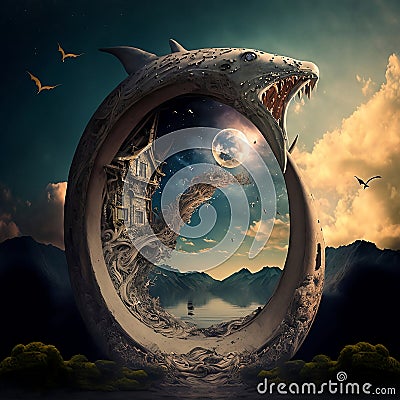 A shark portal with mountains, a lake, moon and sky and clouds. Stock Photo