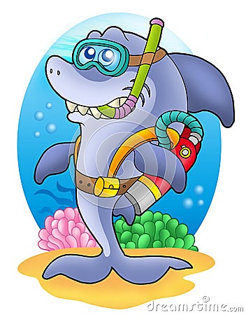 Shark scuba diver on sea bottom Cartoon Illustration