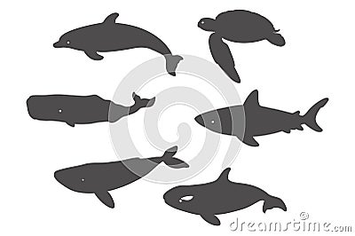 Shark, Sea Turtle, Dolphin and Whales. Vector Illustration