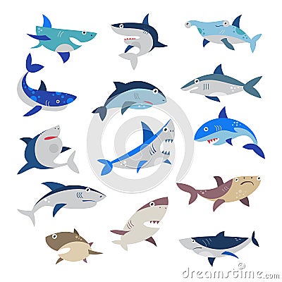 Shark vector cartoon seafish with sharp teeth in jaw illustration set of attacking fishery character in ocean isolated Vector Illustration