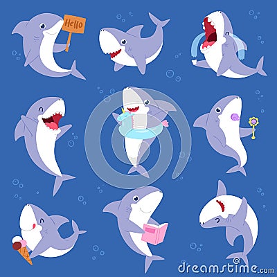 Shark vector cartoon seafish smiling with sharp teeth illustration set of fishery character illustration kids set of Vector Illustration