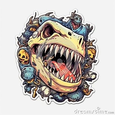 shark zombie tattoo sticker illustration Halloween scary creepy horror crazy devil Cartoon Illustration