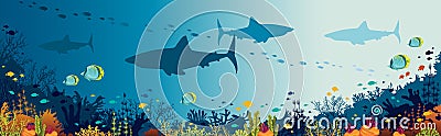 Sharks, coral reef, underwater sea and fishes. Vector Illustration