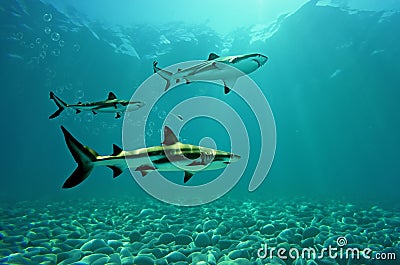 Sharks in deep sea, Generatvie AI Stock Photo