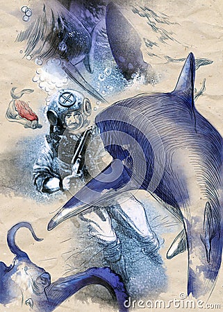 Sharks - hand drawn vintage illustration, fighting diver with shotgun Cartoon Illustration