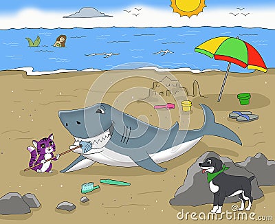 Sharks play with cats and dogs cartoon on the beach Stock Photo