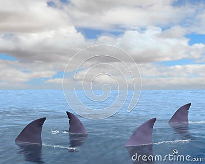 Sharks, Shark Fin, Sea, Ocean Cartoon Illustration