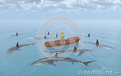 Sharks surround a man in a boat Cartoon Illustration