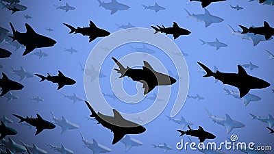 School of sharks swimming in blue water.Side view . Silhouettes Spread apart . Medium population . 3d rendering Cartoon Illustration
