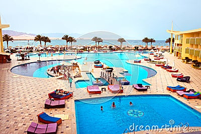 Sharm El Sheikh, Egypt - April 9 2017: The view of luxury hotel Barcelo Tiran Sharm 5 stars at day with blue sky Editorial Stock Photo