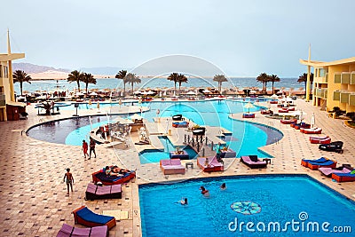 Sharm El Sheikh, Egypt - April 9 2017: The view of luxury hotel Barcelo Tiran Sharm 5 stars at day with blue sky Editorial Stock Photo