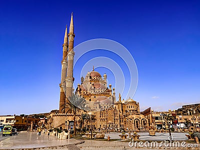 Panorama of the Old Market with the Al Sahaba Mosque in Sharm El Sheikh. Exotic Editorial Stock Photo