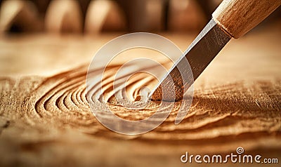 A sharp chisel precisely carves concentric circles into a block of wood, showing woodcraft skill. Stock Photo