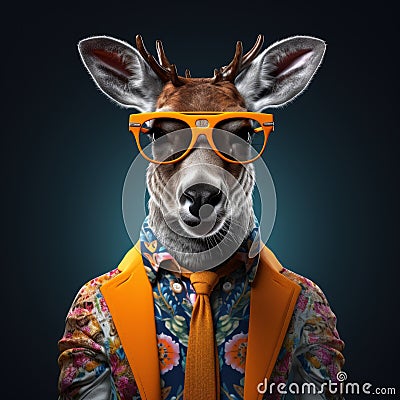 Sharp And Clever: A Photorealistic Fantasy Portrait Of A Deer In Glasses And Floral Suit Stock Photo