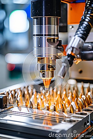 Sharp cnc drill bit in focus against blurred background of intricate machine operations Stock Photo