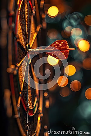 A sharp dart hits the target with precision, arrow in focus against a blurred bokeh background. Stock Photo