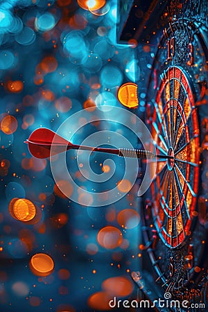 A sharp dart hits the target with precision, arrow in focus against a blurred bokeh background. Stock Photo