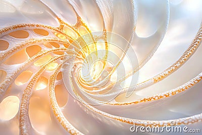 In sharp detail, a macro view of a seashell surface displays a swirling natural pattern and intricate texture, Generated AI Stock Photo