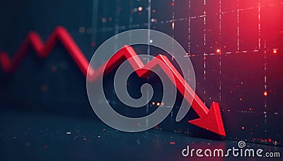 Sharp downward sloping line graph, red arrow pointing down, analytics, plunge Stock Photo