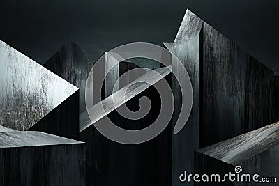 A sharp-edged brutalist background featuring jagged, angular steel structures with a dark, moody Stock Photo