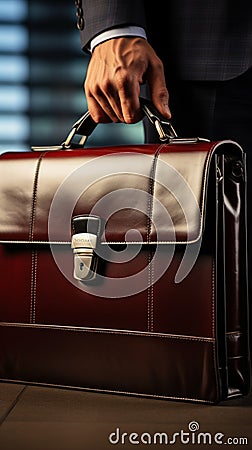 Sharp focus on executive clutching sleek briefcase, epitomizing professional sophistication Stock Photo