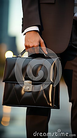 Sharp focus on executive clutching sleek briefcase, epitomizing professional sophistication Stock Photo