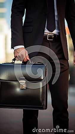 Sharp focus on executive clutching sleek briefcase, epitomizing professional sophistication Stock Photo