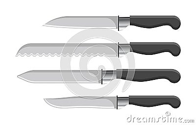 Sharp Kitchen Knives Set with Plastic Handles Vector Illustration