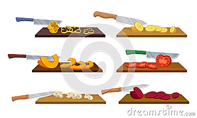 Sharp Knives with Wooden Handle Chopping and Slicing Vegetables on Cutting Board Vector Set Vector Illustration