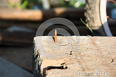 Sharp nail in old wood Stock Photo