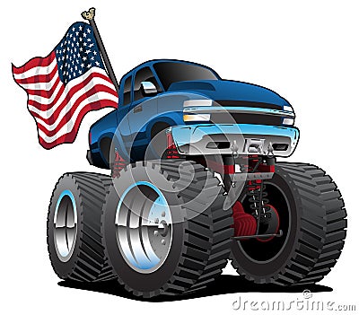 Monster Pickup Truck with USA Flag Cartoon Isolated Vector Illustration Vector Illustration