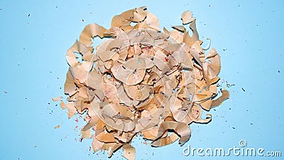 Sharpened pencil and wood shavings. Closeup, draw. Stock Photo