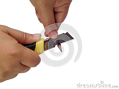 Sharpener pencil by cutter. Stock Photo