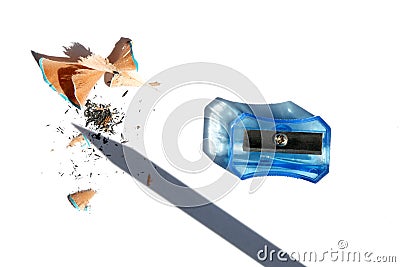 Sharpener , pencil shaving and pencil shade isolated on white background Stock Photo