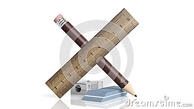 Sharpener, ruler, pencil and eraser Stock Photo