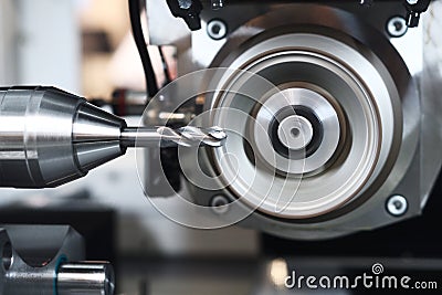 Sharpening metalworking. Industrial CNC metal machining by vertical mill Stock Photo