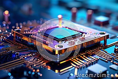 Sharply focused macro rendering of an intricate, luminously glowing hi-tech microchip with colorful circuit board components Stock Photo
