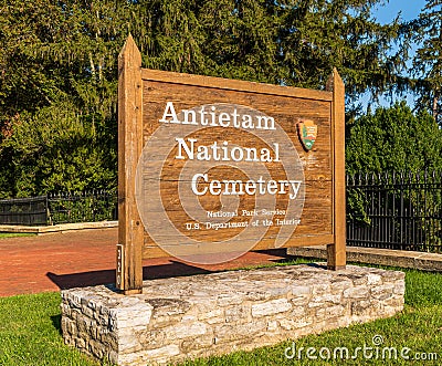 Sharpsburg, Maryland, USA September 11, 2021 The sign for the Antietam National Cemetery at the entrance Editorial Stock Photo