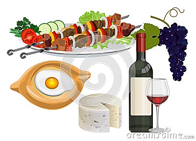 Shashlik, khachapuri, cheese, red wine and grapes. Vector Illustration